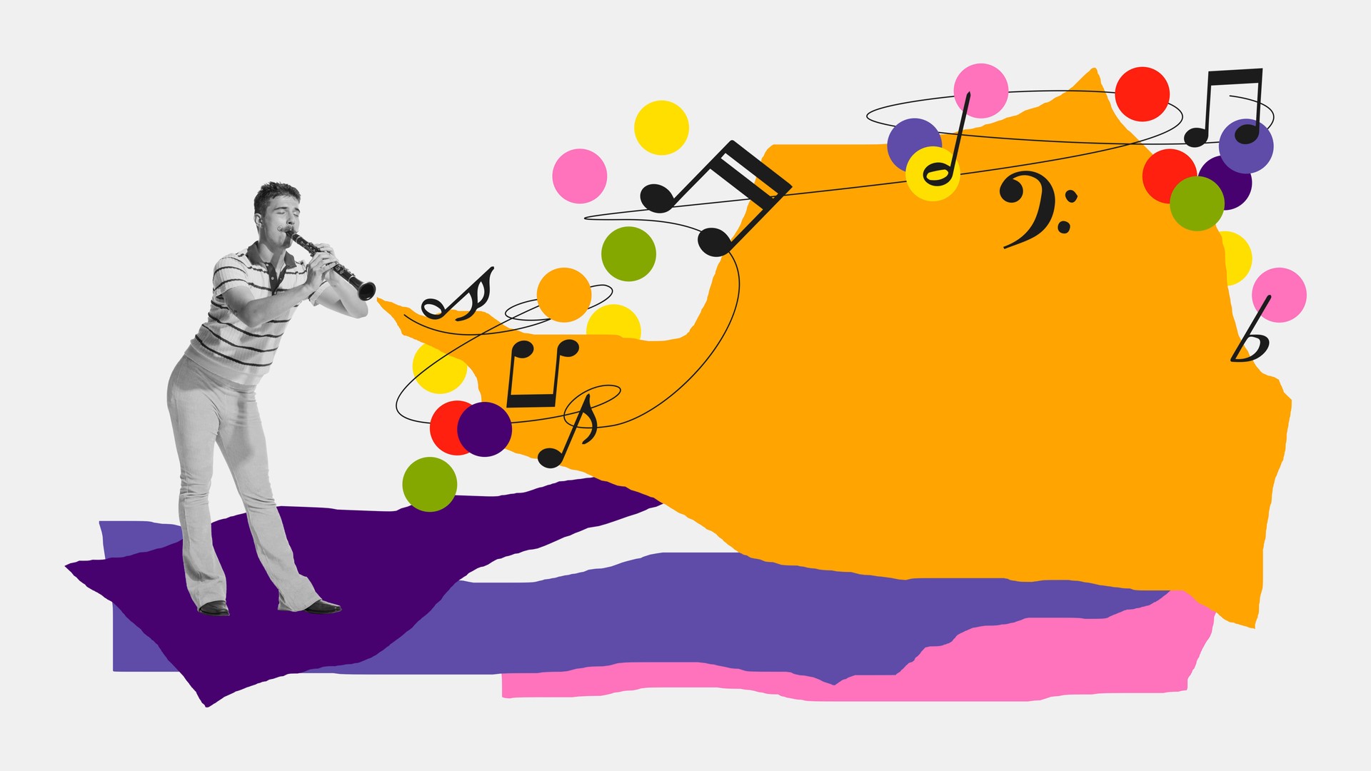 Artistic illustration of man playing clarinet on white background with abstract colorful elements. Contemporary art collage.