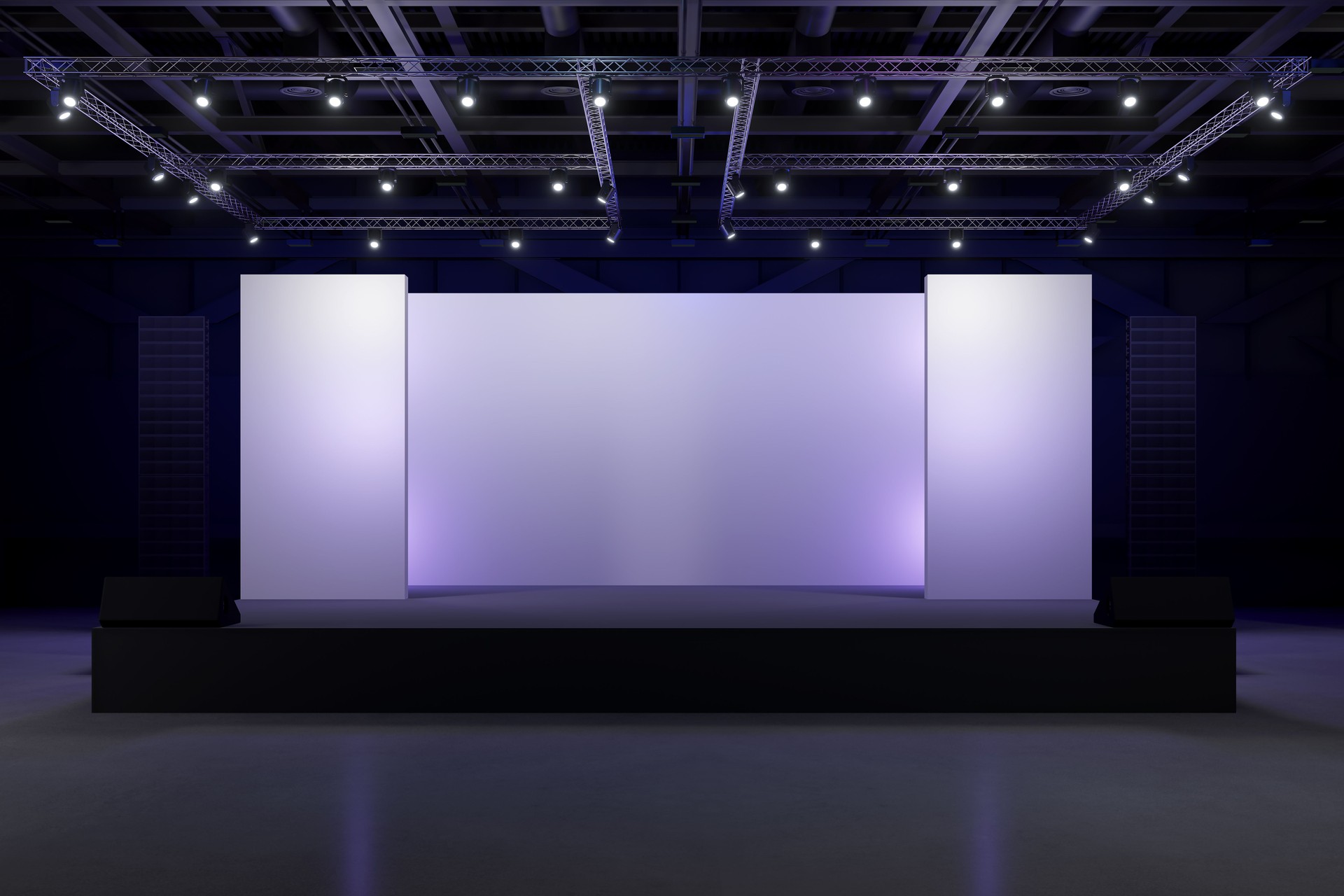 Empty stage Design for mockup and Corporate identity,Display.Platform elements in hall.Blank screen system for Graphic Resources.Scene event led night light staging.3d Background for onlineEvent,conference,live.3 render.